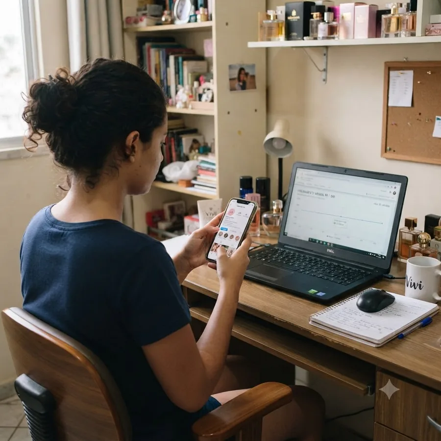 Consultora de perfumes usando a Caixa de Ferramentas no celular e no notebook